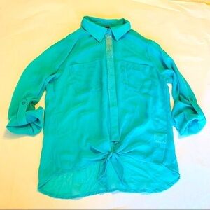 Bongo mint green three-quarter sleeve button down sheer Front knot Blouse small